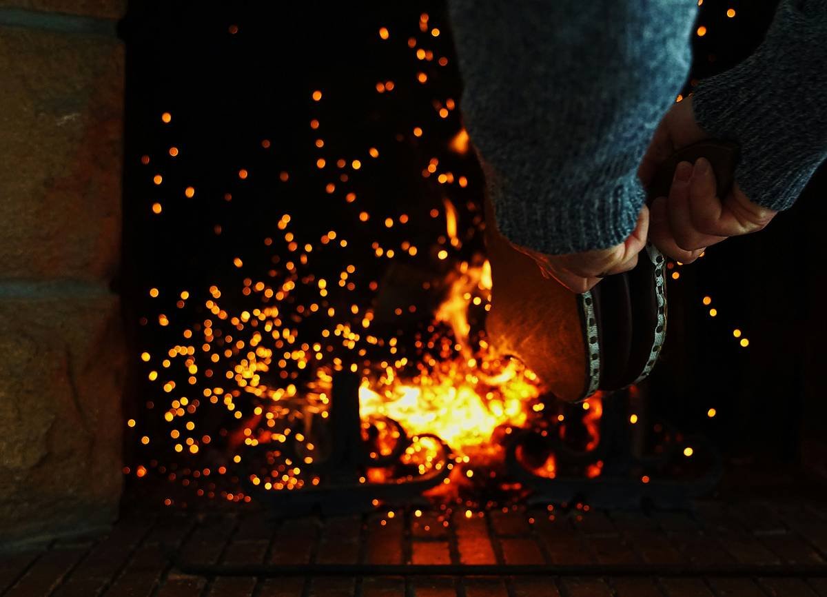 Fireplace, embers, and bellows